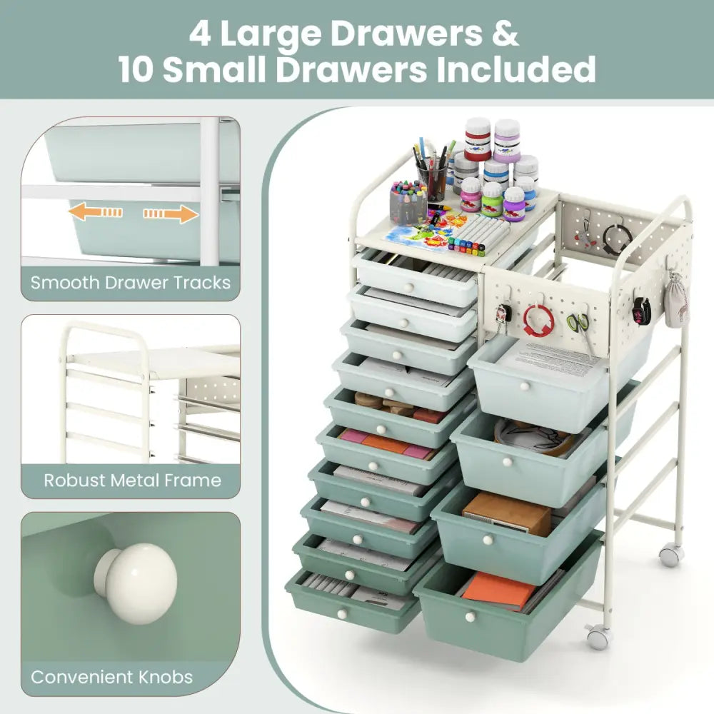 14-Drawer Rolling Storage Cart with Metal Tabletop and Pegboard-Gradient Green - Green Gradient - File Cabinets