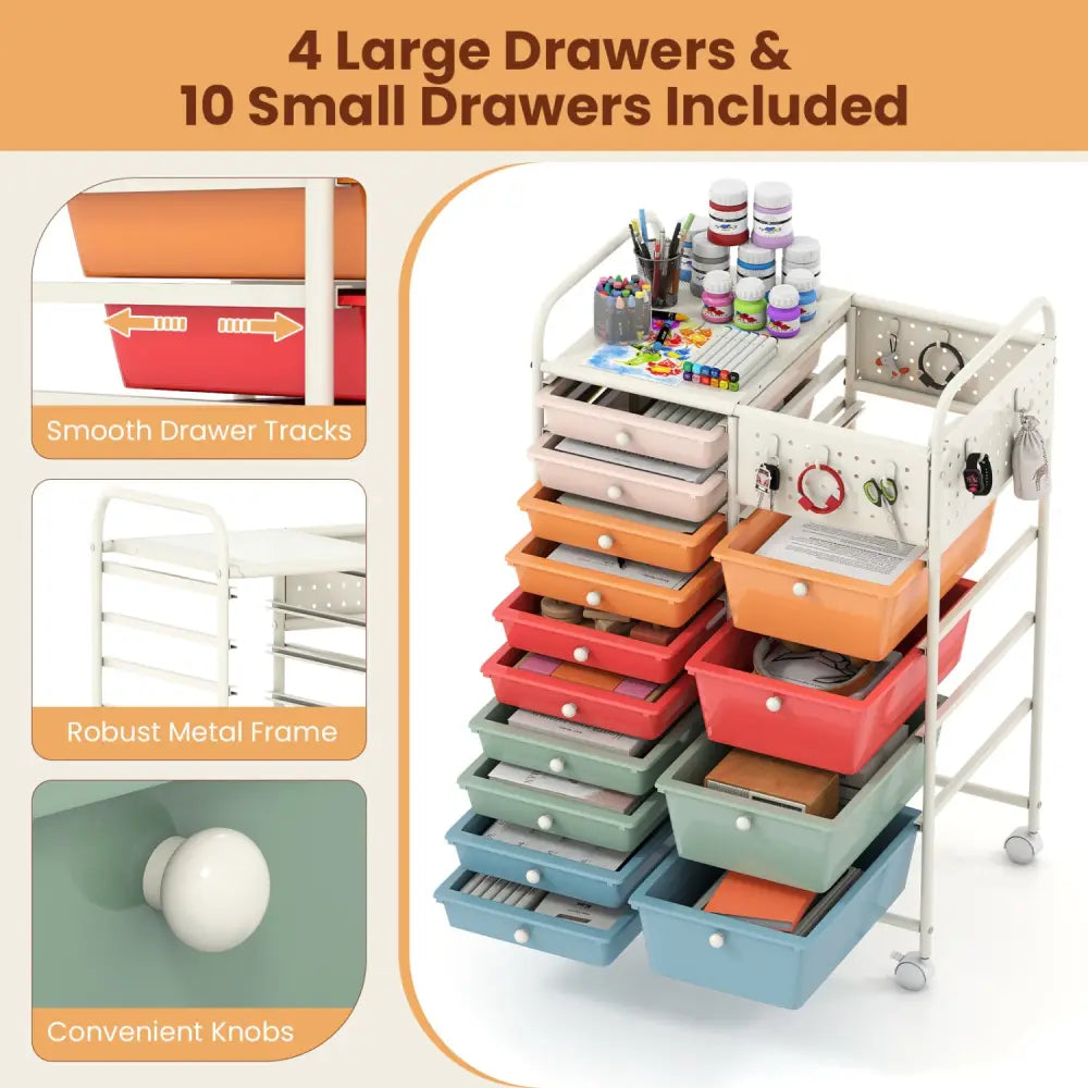 14-Drawer Rolling Storage Cart with Metal Tabletop and Pegboard-Macaron - Macaron - File Cabinets