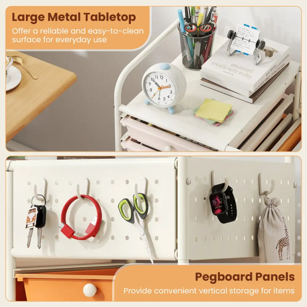 14-Drawer Rolling Storage Cart with Metal Tabletop and Pegboard-Macaron - Macaron - File Cabinets