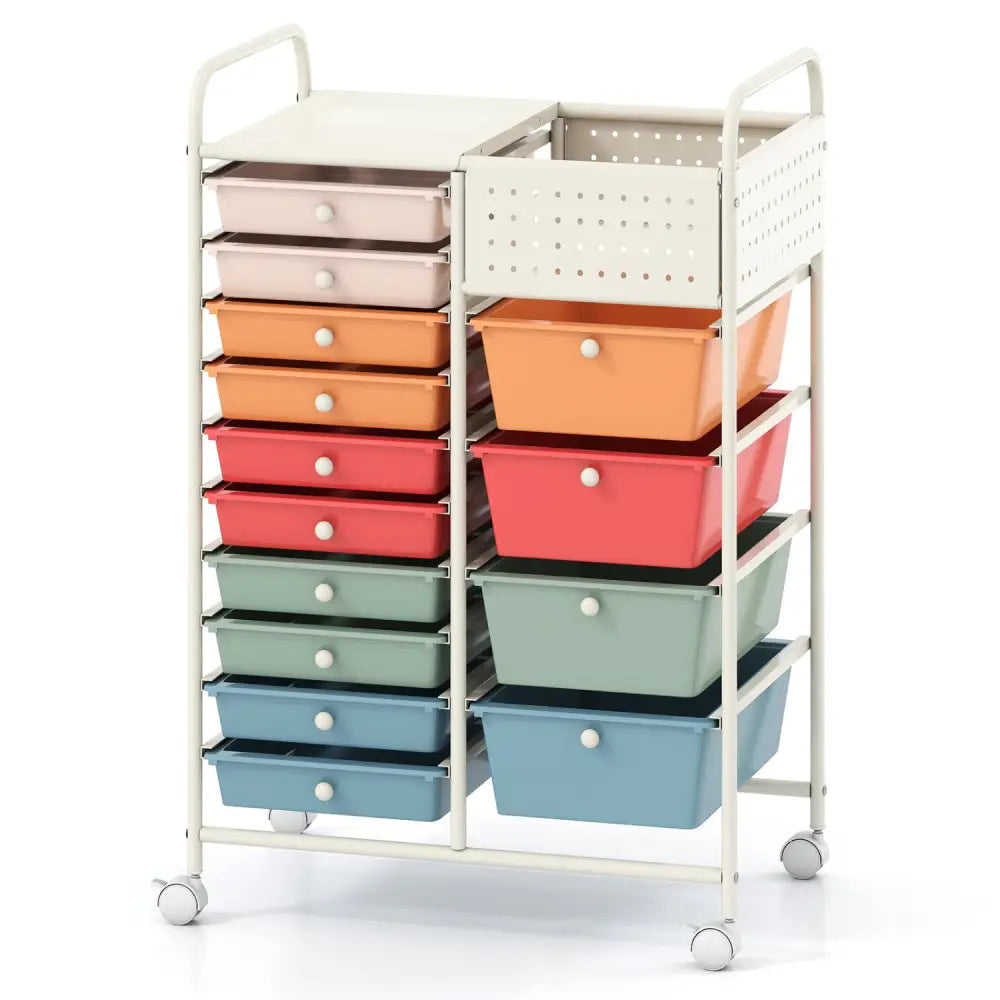 14-Drawer Rolling Storage Cart with Metal Tabletop and Pegboard-Macaron - Macaron - File Cabinets