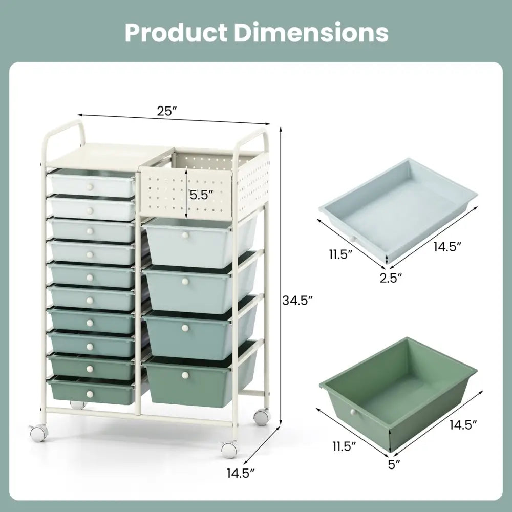 14-Drawer Rolling Storage Cart with Metal Tabletop and Pegboard-Gradient Green - Green Gradient - File Cabinets