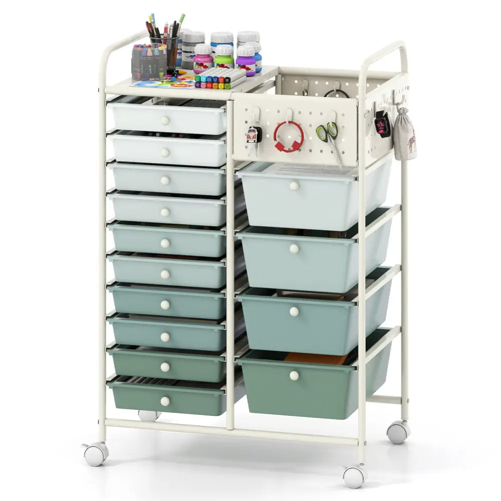 14-Drawer Rolling Storage Cart with Metal Tabletop and Pegboard-Gradient Green - Green Gradient - File Cabinets