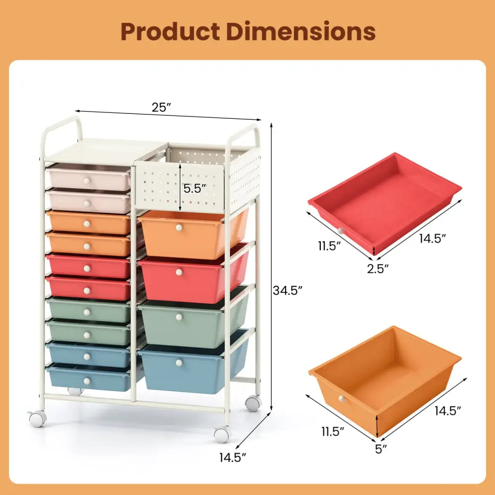 14-Drawer Rolling Storage Cart with Metal Tabletop and Pegboard-Macaron - Macaron - File Cabinets