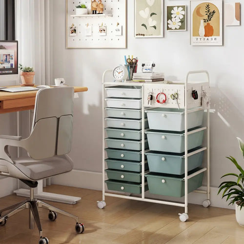 14-Drawer Rolling Storage Cart with Metal Tabletop and Pegboard-Gradient Green - Green Gradient - File Cabinets