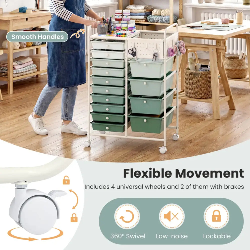 14-Drawer Rolling Storage Cart with Metal Tabletop and Pegboard-Gradient Green - Green Gradient - File Cabinets