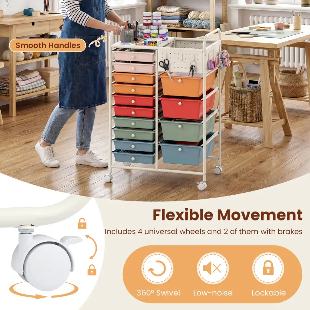 14-Drawer Rolling Storage Cart with Metal Tabletop and Pegboard-Macaron - Macaron - File Cabinets