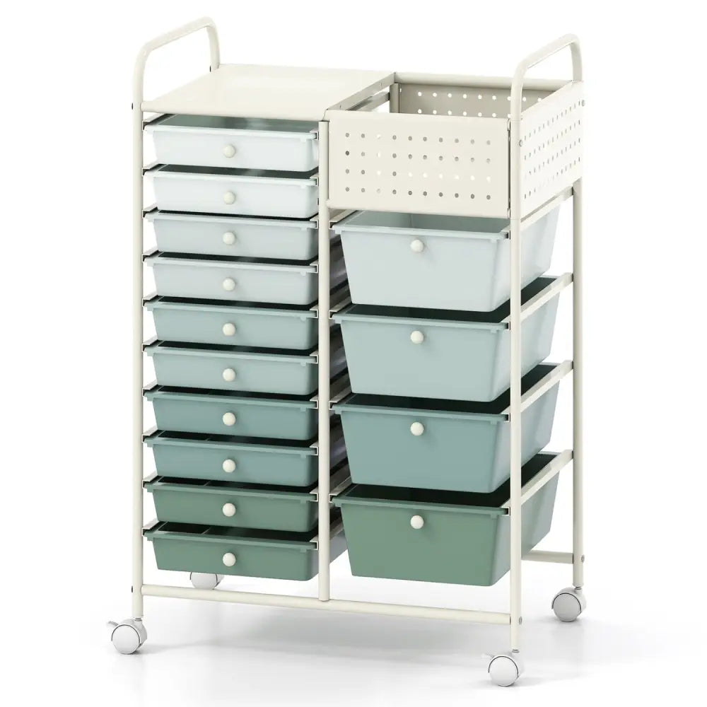 14-Drawer Rolling Storage Cart with Metal Tabletop and Pegboard-Gradient Green - Green Gradient - File Cabinets