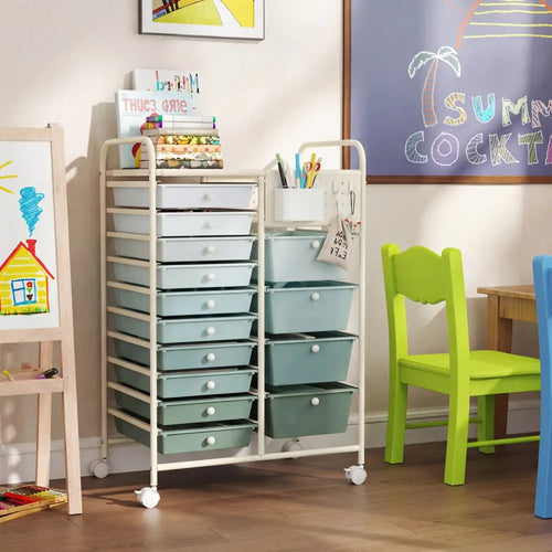 14-Drawer Rolling Storage Cart with Metal Tabletop and Pegboard-Gradient Green - Green Gradient - File Cabinets