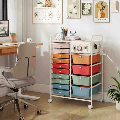 14-Drawer Rolling Storage Cart with Metal Tabletop and Pegboard-Macaron - Macaron - File Cabinets