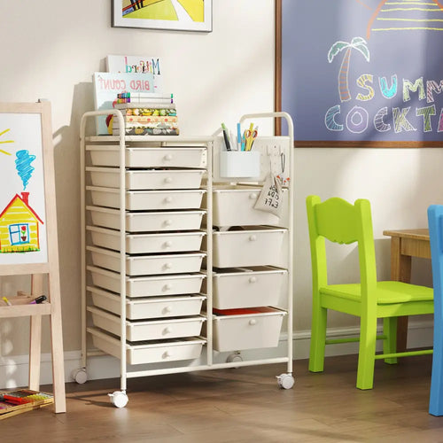 14-Drawer Rolling Storage Cart with Metal Tabletop and Pegboard-White - White - File Cabinets