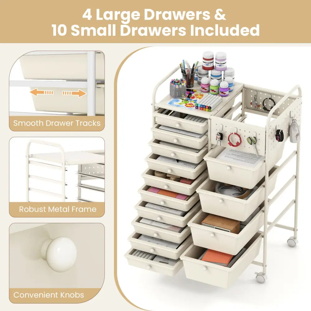 14-Drawer Rolling Storage Cart with Metal Tabletop and Pegboard-White - White - File Cabinets