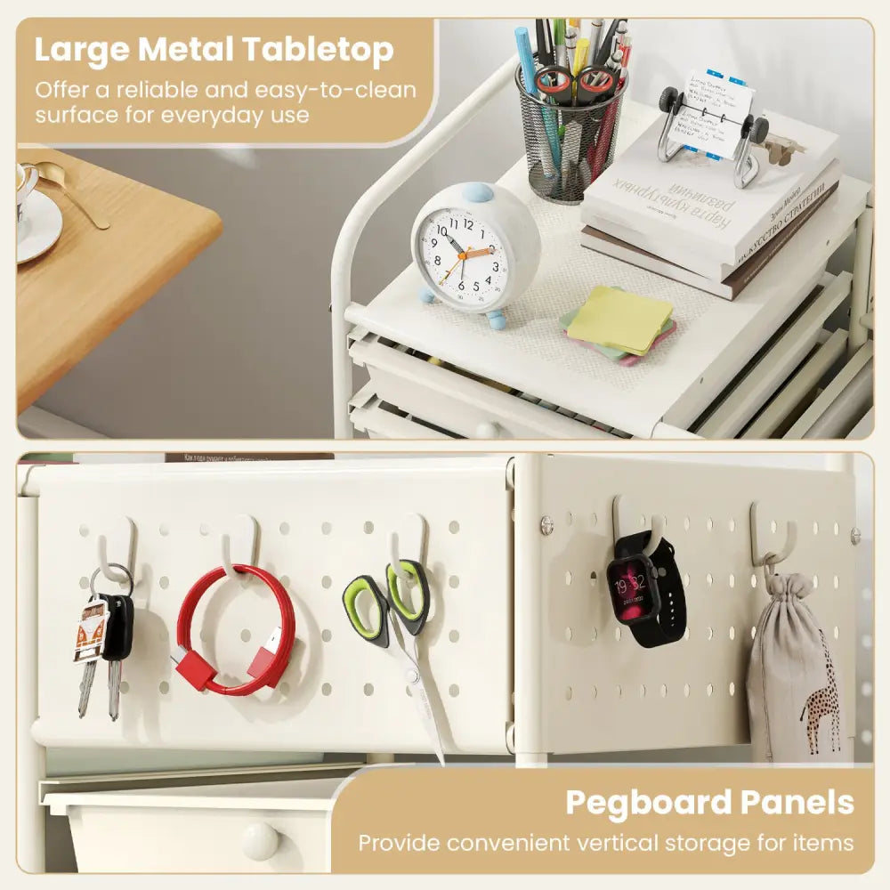 14-Drawer Rolling Storage Cart with Metal Tabletop and Pegboard-White - White - File Cabinets