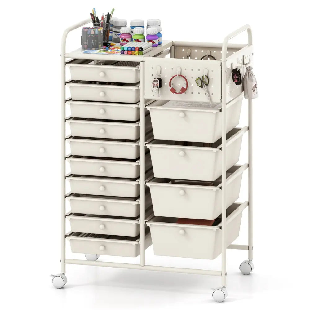 14-Drawer Rolling Storage Cart with Metal Tabletop and Pegboard-White - White - File Cabinets