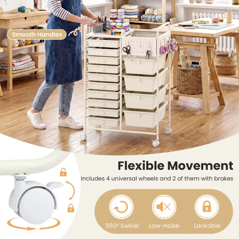 14-Drawer Rolling Storage Cart with Metal Tabletop and Pegboard-White - White - File Cabinets