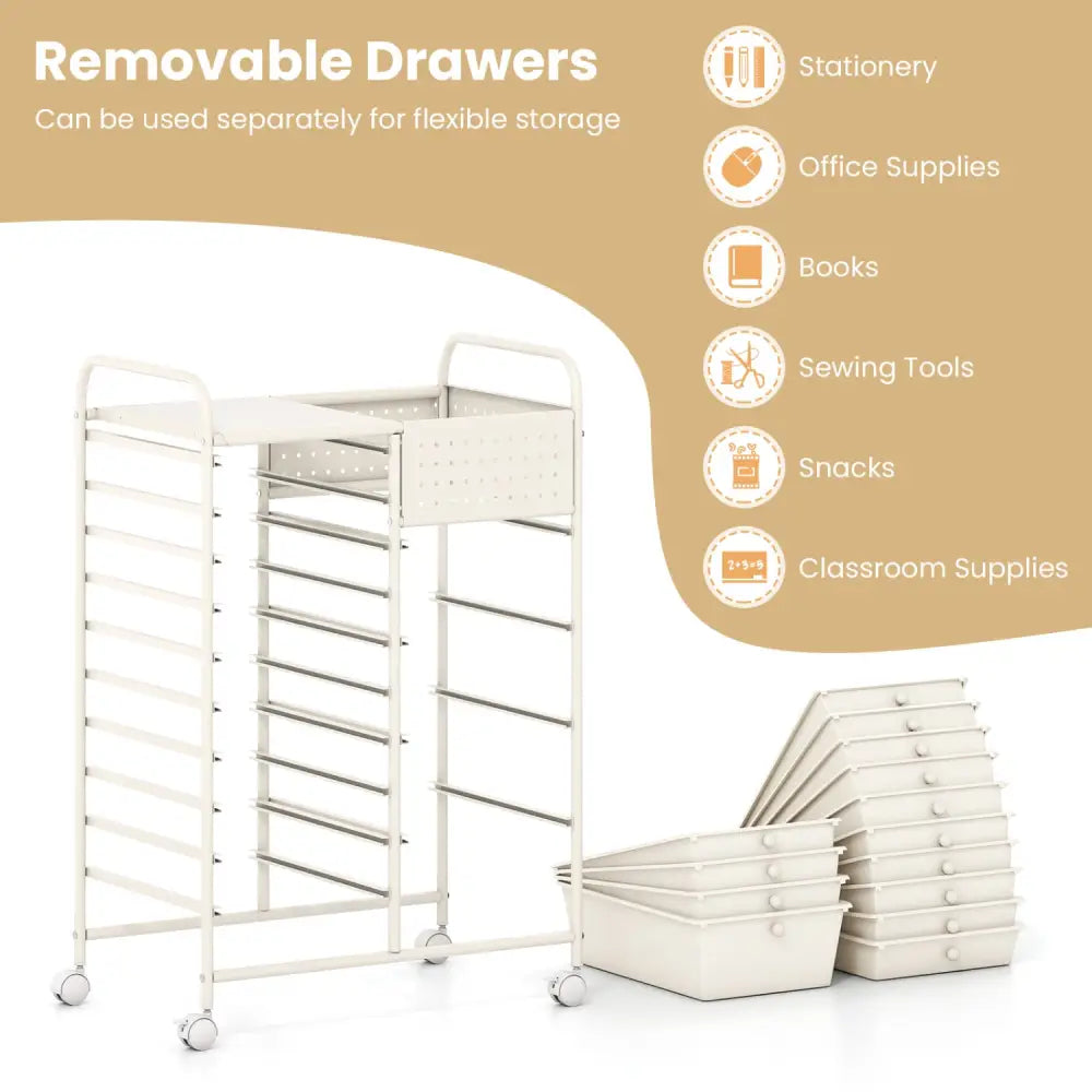 14-Drawer Rolling Storage Cart with Metal Tabletop and Pegboard-White - White - File Cabinets
