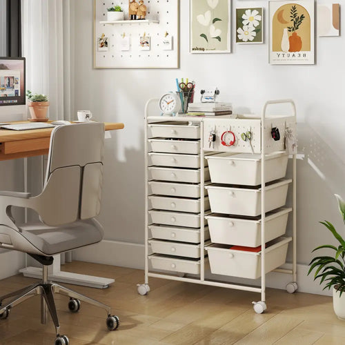 14-Drawer Rolling Storage Cart with Metal Tabletop and Pegboard-White - White - File Cabinets