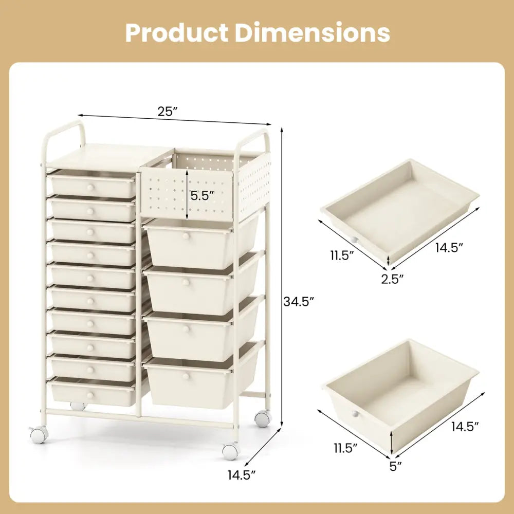 14-Drawer Rolling Storage Cart with Metal Tabletop and Pegboard-White - White - File Cabinets