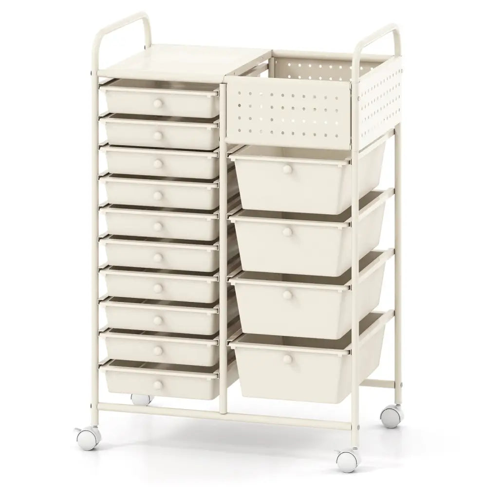 14-Drawer Rolling Storage Cart with Metal Tabletop and Pegboard-White - White - File Cabinets