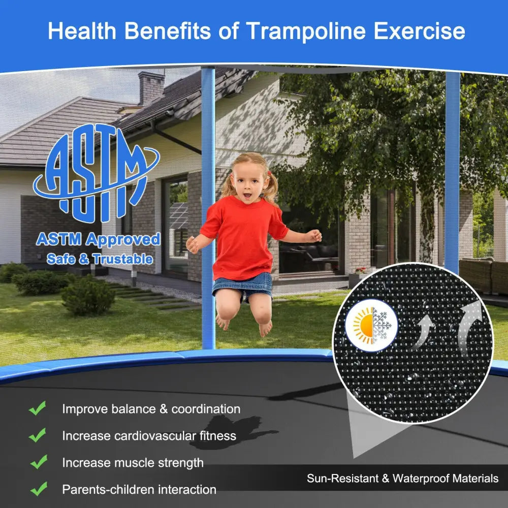 14 Feet Jumping Exercise Recreational Bounce Trampoline with Safety Net - Blue - Trampolines