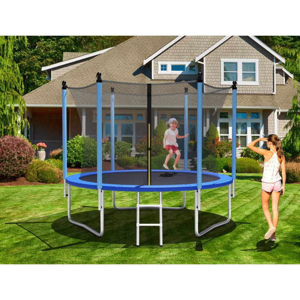 14 Feet Jumping Exercise Recreational Bounce Trampoline with Safety Net - Blue - Trampolines