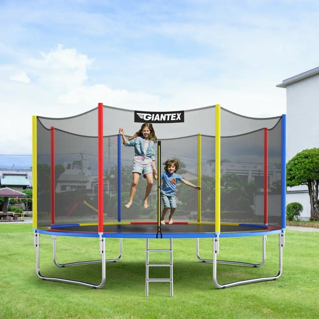 14 Feet Trampoline with Safety Enclosure Net and Ladder Outdoor for Kids Adults - Multicolor - Trampolines