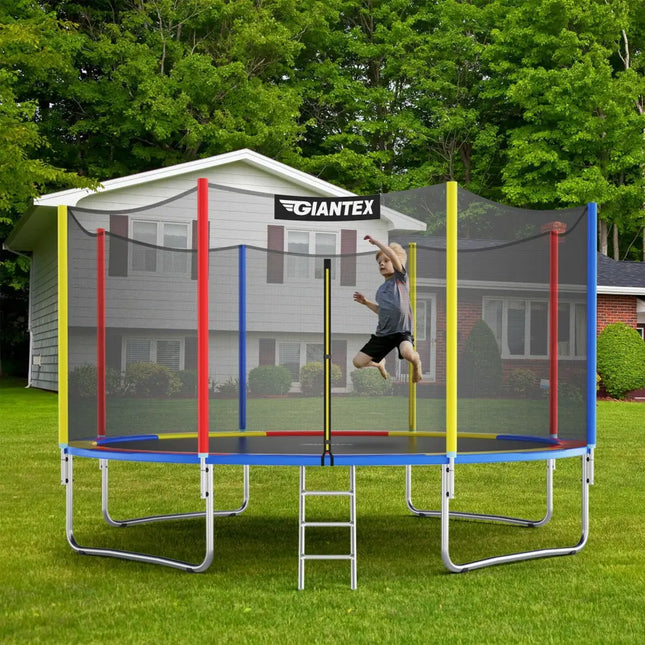 14 Feet Trampoline with Safety Enclosure Net and Ladder Outdoor for Kids Adults - Multicolor - Trampolines