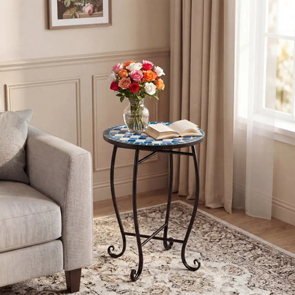 14’’ Floral Clover/Blooming Lotus/Bright Sunflower Mosaic Patio Accent Coffee End Table-Blue - Blue - Patio Coffee