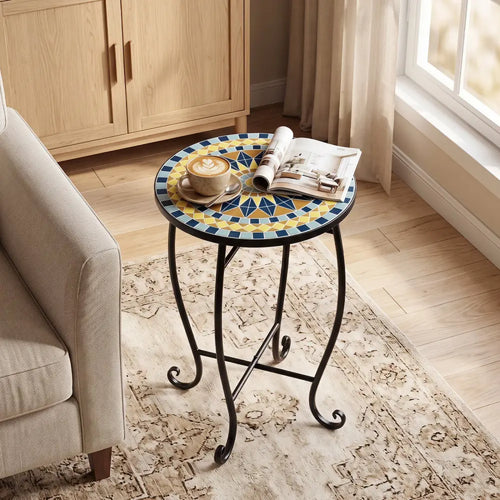14’’ Floral Clover/Blooming Lotus/Bright Sunflower Mosaic Patio Accent Coffee End Table-Yellow - Yellow - Patio Coffee