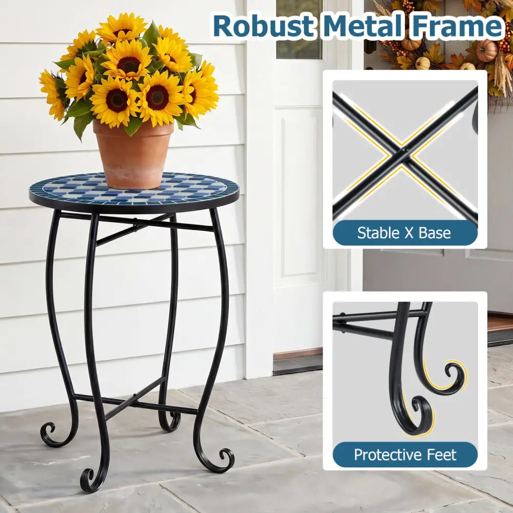 14’’ Floral Clover/Blooming Lotus/Bright Sunflower Mosaic Patio Accent Coffee End Table-Blue - Blue - Patio Coffee