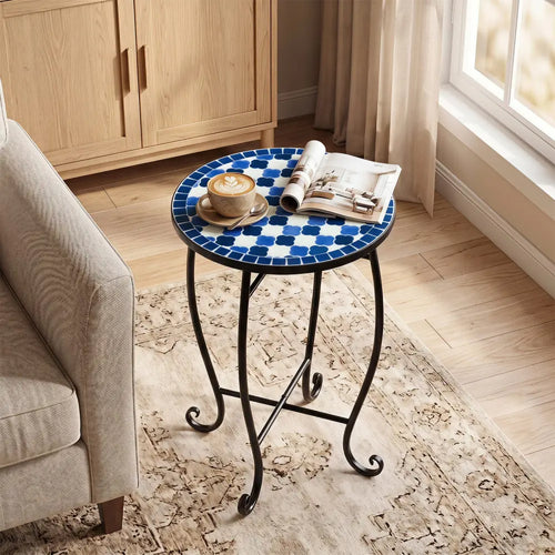 14’’ Floral Clover/Blooming Lotus/Bright Sunflower Mosaic Patio Accent Coffee End Table-Blue - Blue - Patio Coffee