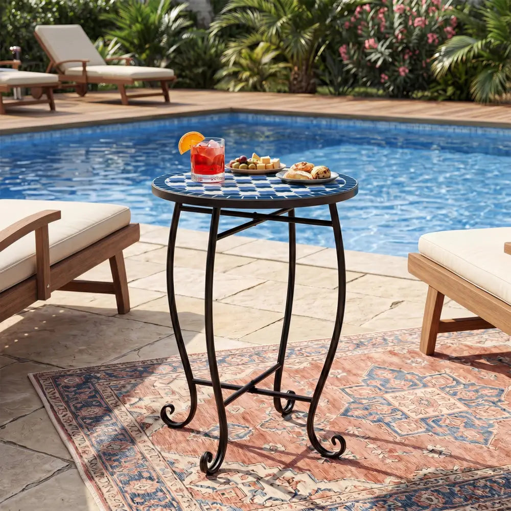 14’’ Floral Clover/Blooming Lotus/Bright Sunflower Mosaic Patio Accent Coffee End Table-Blue - Blue - Patio Coffee