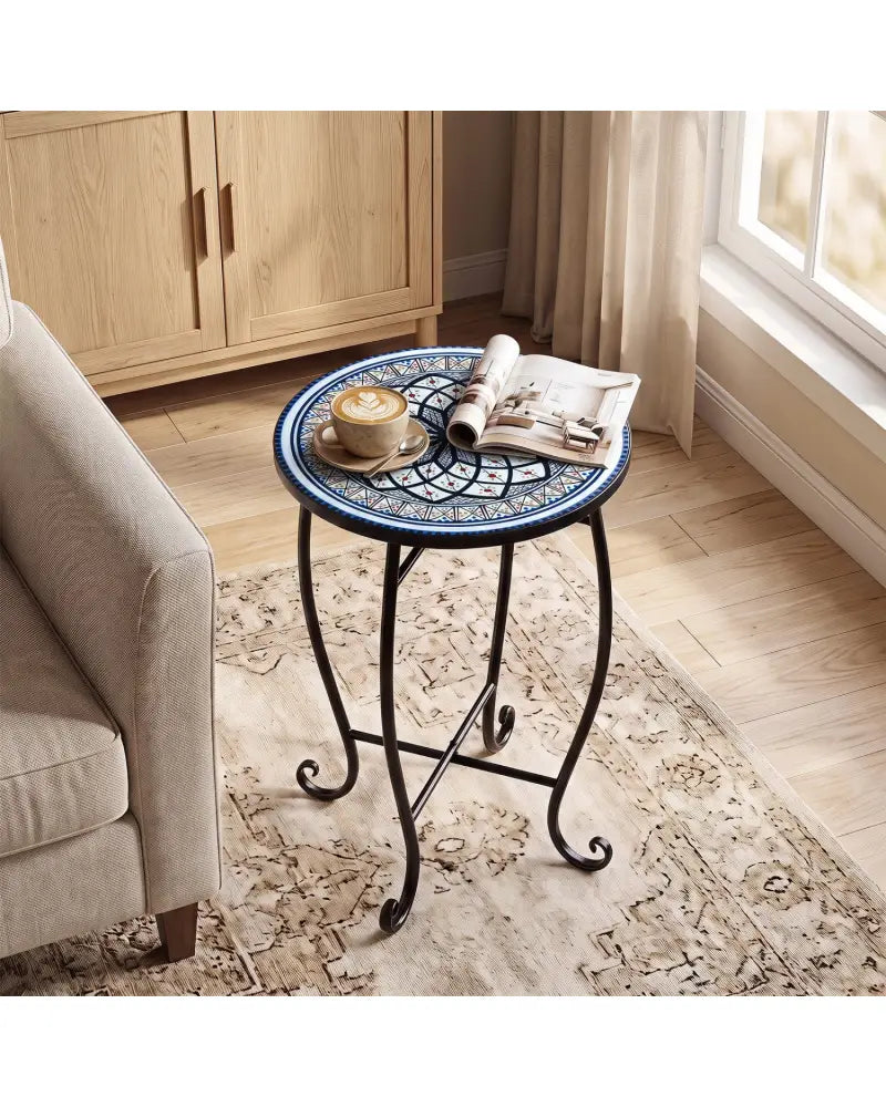 14’’ Floral Clover/Blooming Lotus/Bright Sunflower Mosaic Patio Accent Coffee End Table-White - White - Patio Coffee