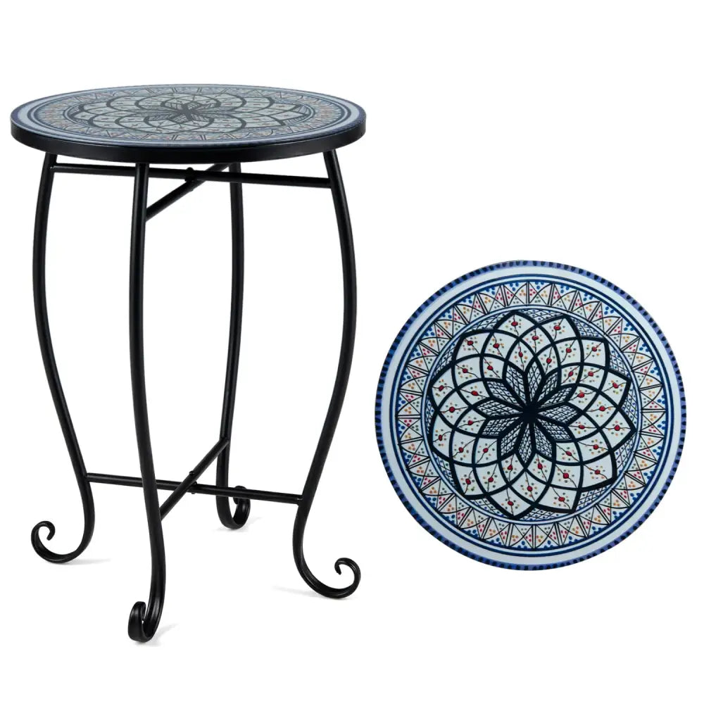 14’’ Floral Clover/Blooming Lotus/Bright Sunflower Mosaic Patio Accent Coffee End Table-White - White - Patio Coffee