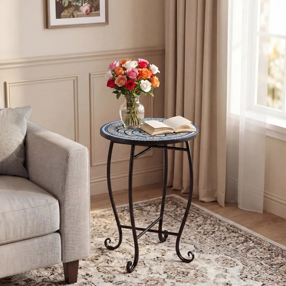 14’’ Floral Clover/Blooming Lotus/Bright Sunflower Mosaic Patio Accent Coffee End Table-White - White - Patio Coffee