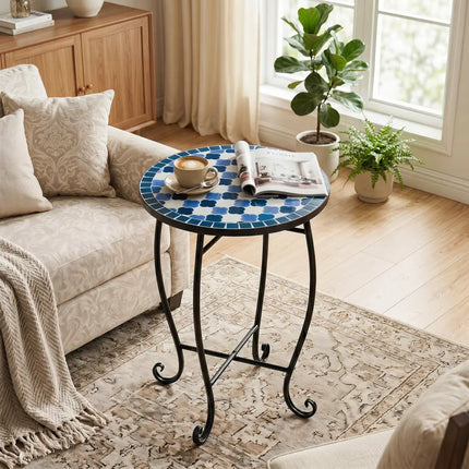 14’’ Floral Clover/Blooming Lotus/Bright Sunflower Mosaic Patio Accent Coffee End Table-Blue - Blue - Patio Coffee