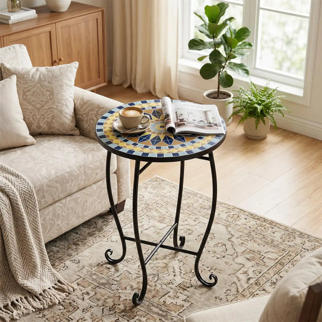 14’’ Floral Clover/Blooming Lotus/Bright Sunflower Mosaic Patio Accent Coffee End Table-Yellow - Yellow - Patio Coffee