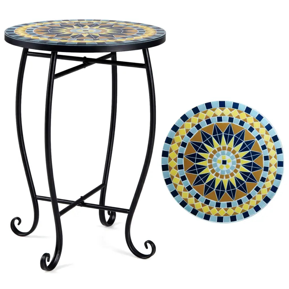 14’’ Floral Clover/Blooming Lotus/Bright Sunflower Mosaic Patio Accent Coffee End Table-Yellow - Yellow - Patio Coffee