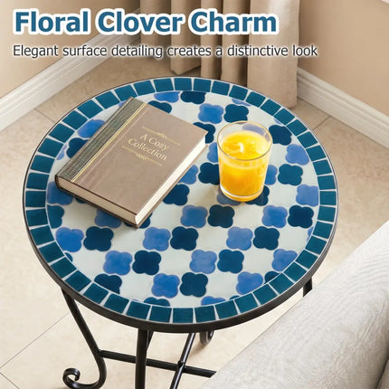 14’’ Floral Clover/Blooming Lotus/Bright Sunflower Mosaic Patio Accent Coffee End Table-Blue - Blue - Patio Coffee