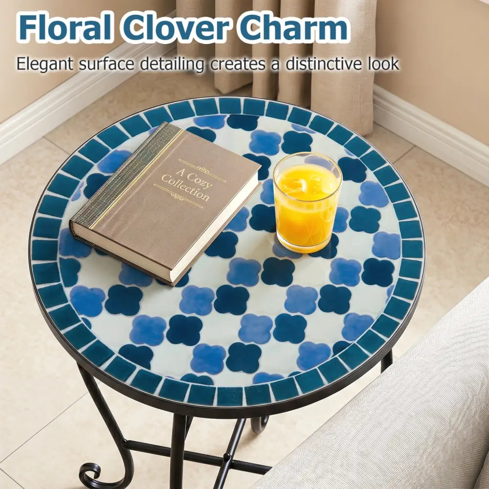 14’’ Floral Clover/Blooming Lotus/Bright Sunflower Mosaic Patio Accent Coffee End Table-Blue - Blue - Patio Coffee