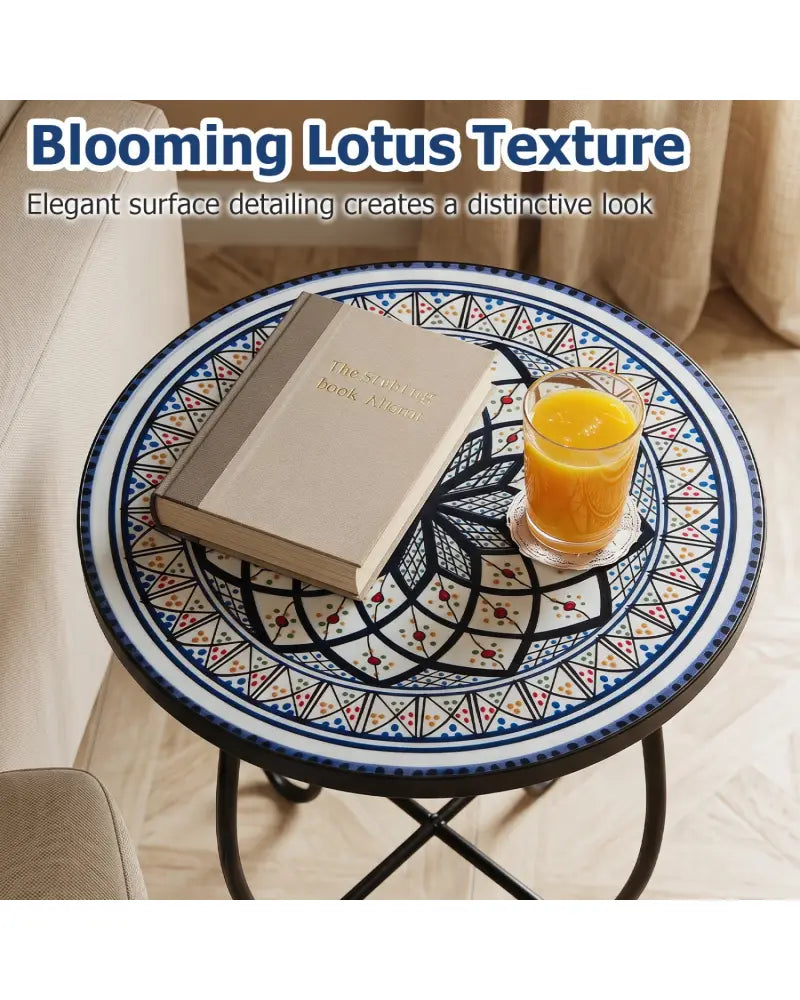 14’’ Floral Clover/Blooming Lotus/Bright Sunflower Mosaic Patio Accent Coffee End Table-White - White - Patio Coffee