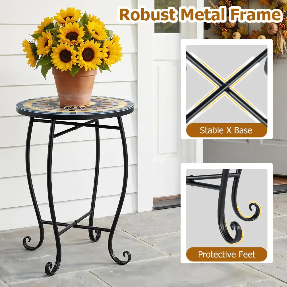 14’’ Floral Clover/Blooming Lotus/Bright Sunflower Mosaic Patio Accent Coffee End Table-Yellow - Yellow - Patio Coffee