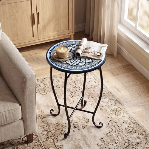 14’’ Floral Clover/Blooming Lotus/Bright Sunflower Mosaic Patio Accent Coffee End Table-White - White - Patio Coffee