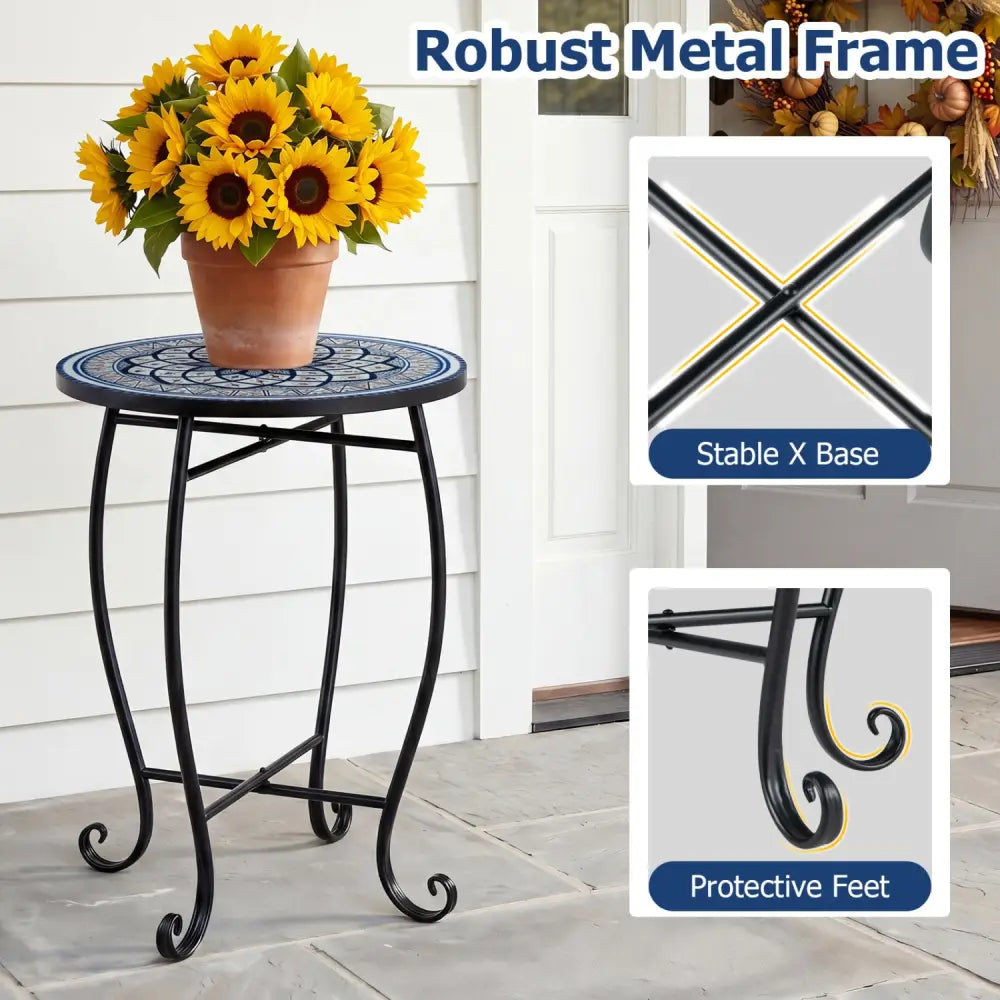14’’ Floral Clover/Blooming Lotus/Bright Sunflower Mosaic Patio Accent Coffee End Table-White - White - Patio Coffee