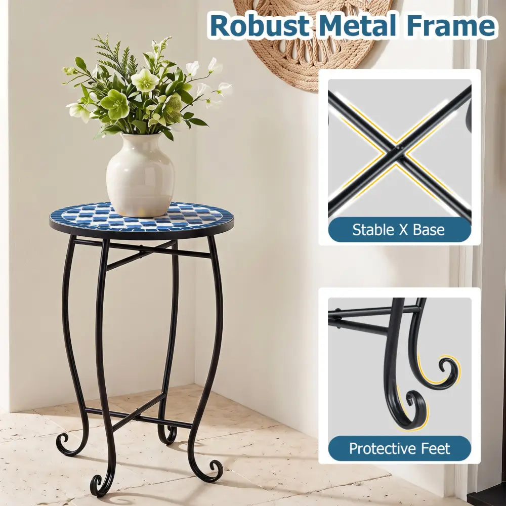 14’’ Floral Clover/Blooming Lotus/Bright Sunflower Mosaic Patio Accent Coffee End Table-Blue - Blue - Patio Coffee