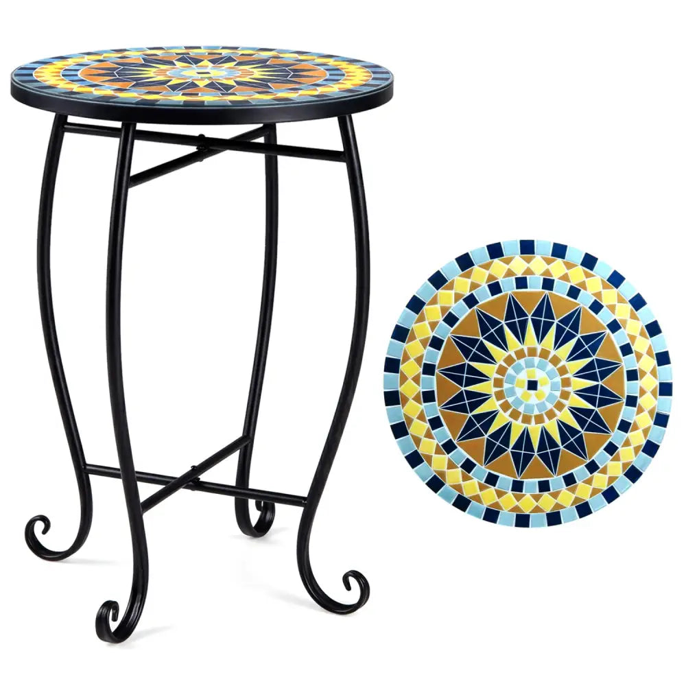 14’’ Floral Clover/Blooming Lotus/Bright Sunflower Mosaic Patio Accent Coffee End Table-Yellow - Yellow - Patio Coffee