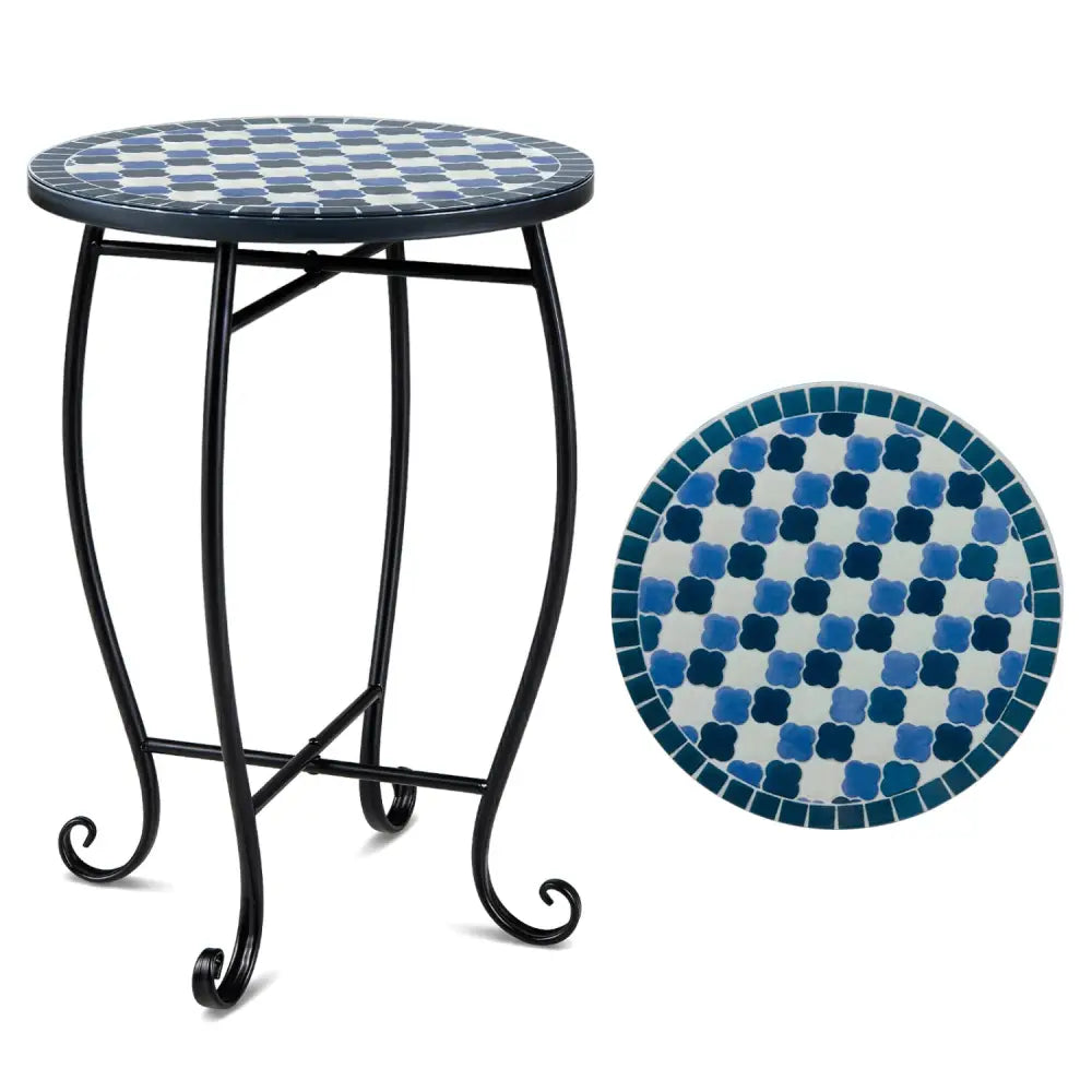 14’’ Floral Clover/Blooming Lotus/Bright Sunflower Mosaic Patio Accent Coffee End Table-Blue - Blue - Patio Coffee