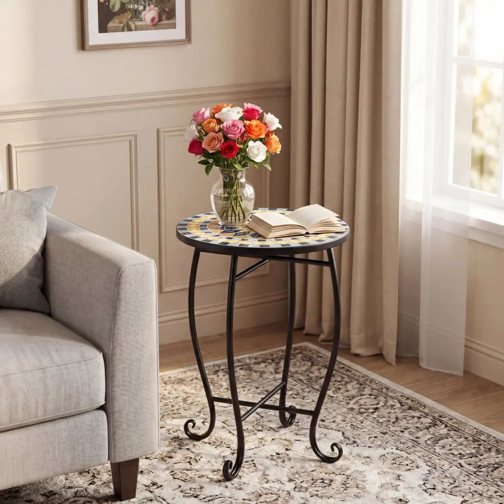 14’’ Floral Clover/Blooming Lotus/Bright Sunflower Mosaic Patio Accent Coffee End Table-Yellow - Yellow - Patio Coffee