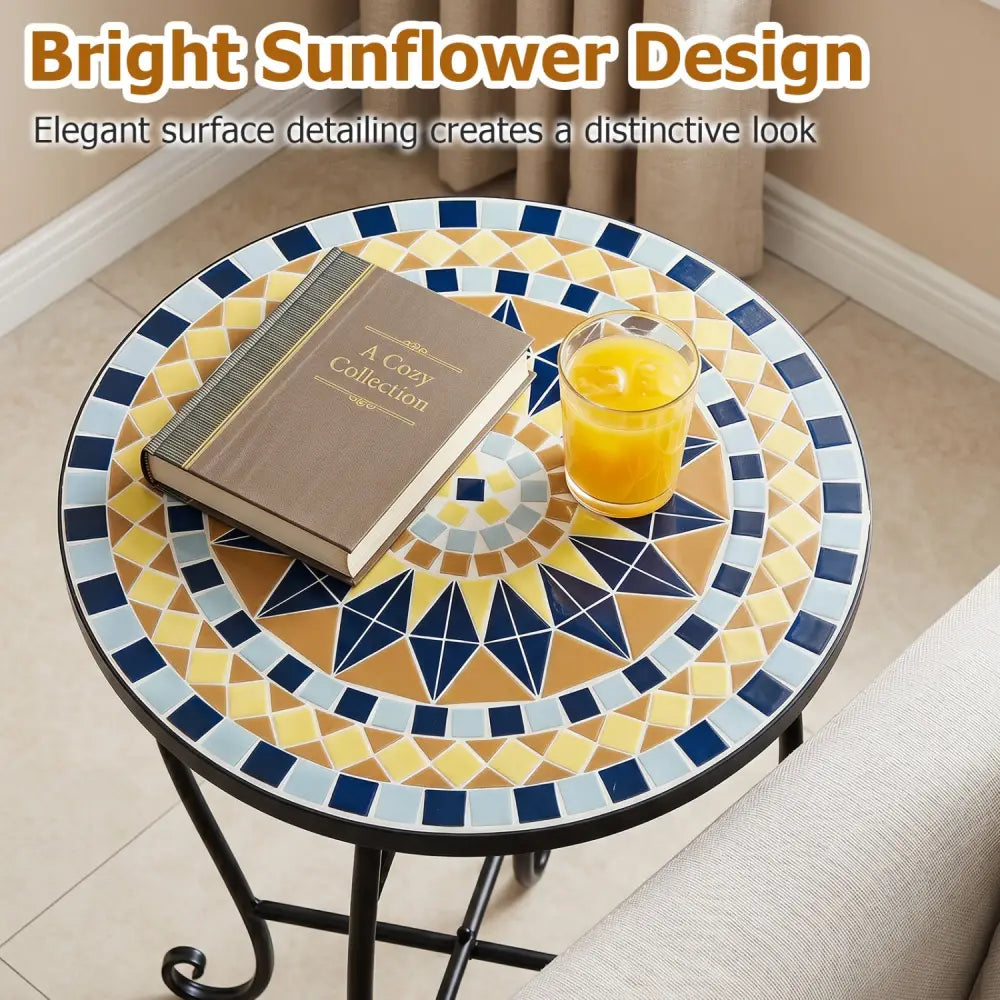 14’’ Floral Clover/Blooming Lotus/Bright Sunflower Mosaic Patio Accent Coffee End Table-Yellow - Yellow - Patio Coffee