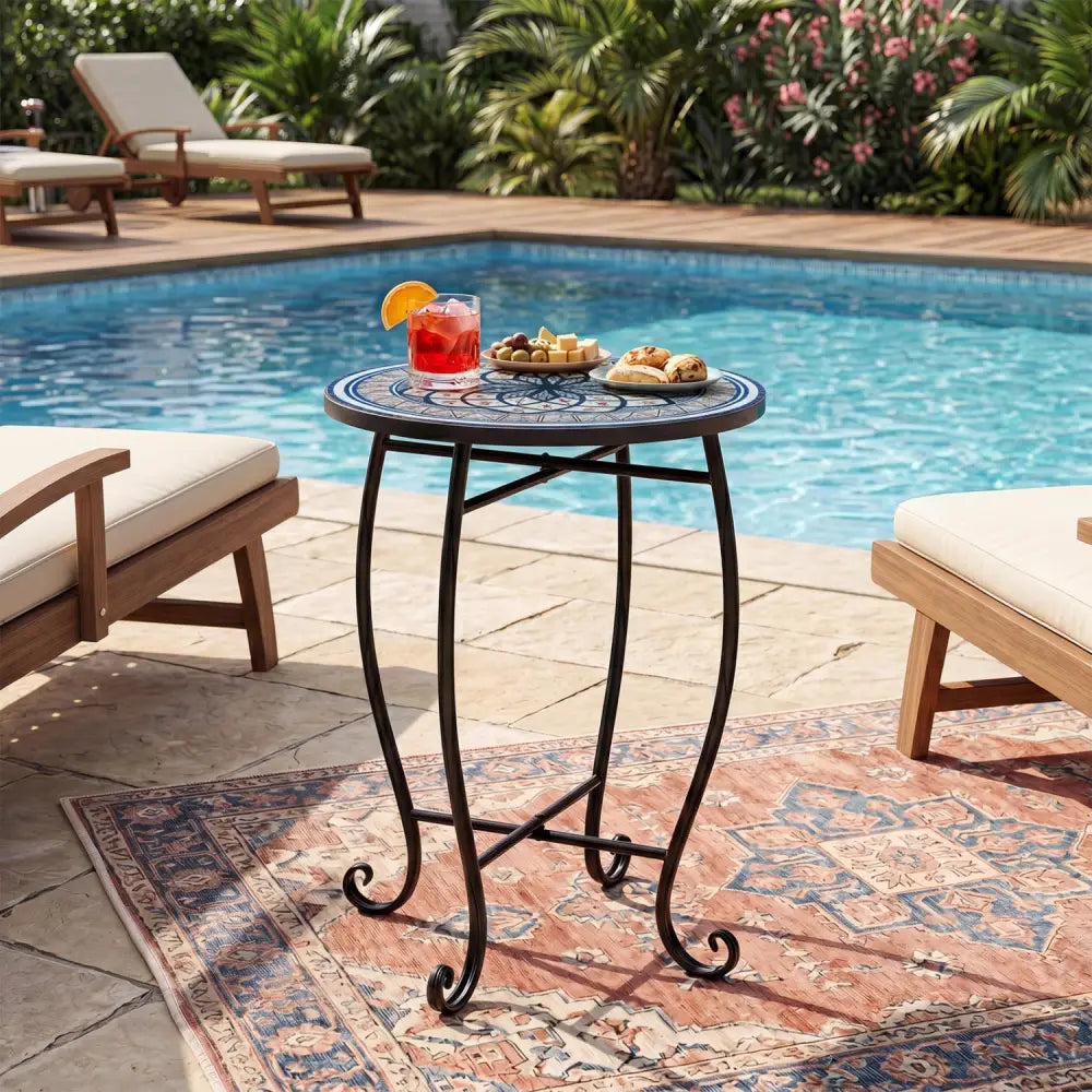 14’’ Floral Clover/Blooming Lotus/Bright Sunflower Mosaic Patio Accent Coffee End Table-White - White - Patio Coffee
