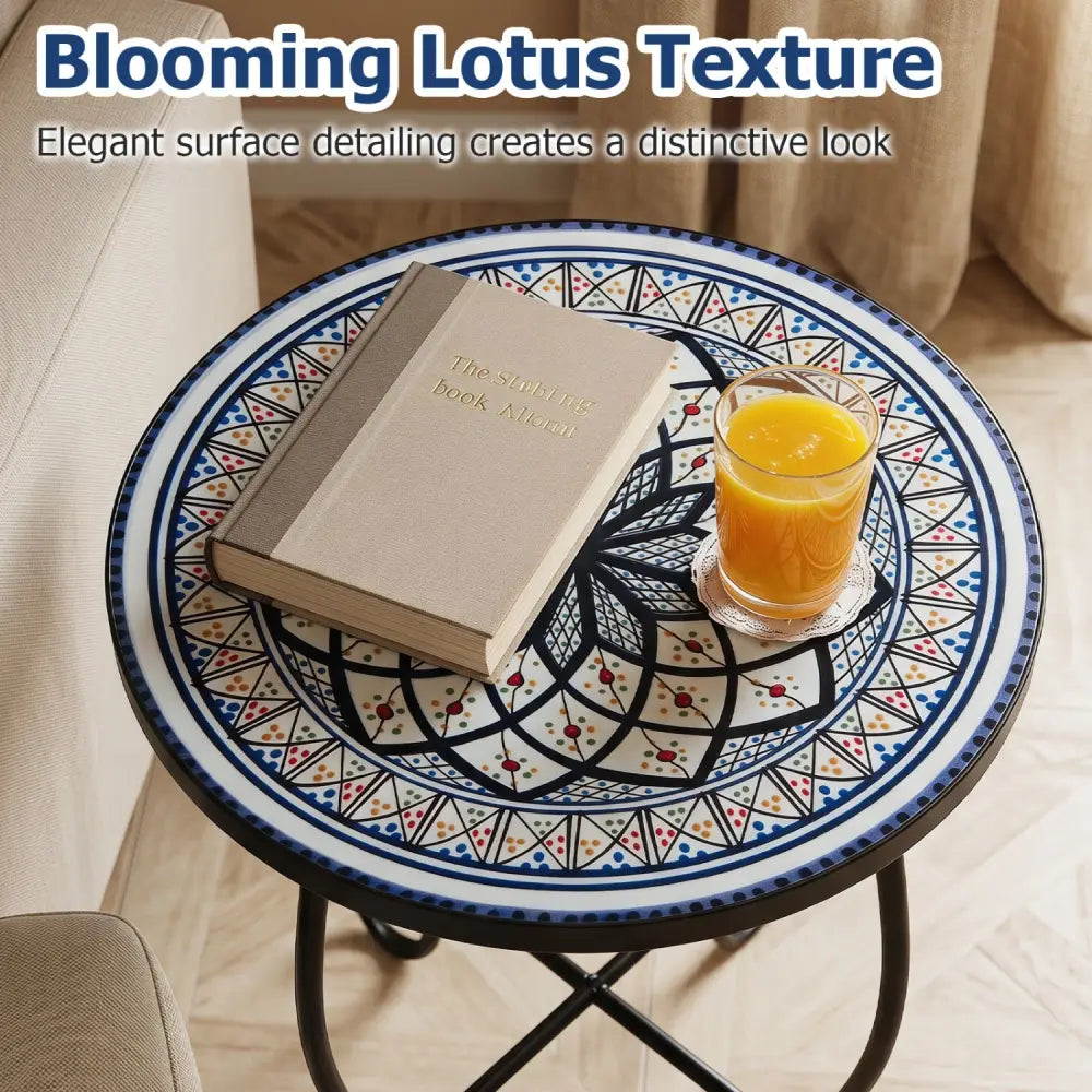 14’’ Floral Clover/Blooming Lotus/Bright Sunflower Mosaic Patio Accent Coffee End Table-White - White - Patio Coffee